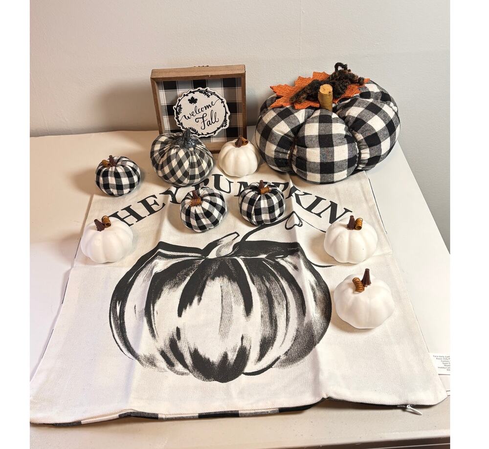 Black & White Checkered Fall Autumn Fabric Pumpkin Pillow Cover Wood Sign Bundle